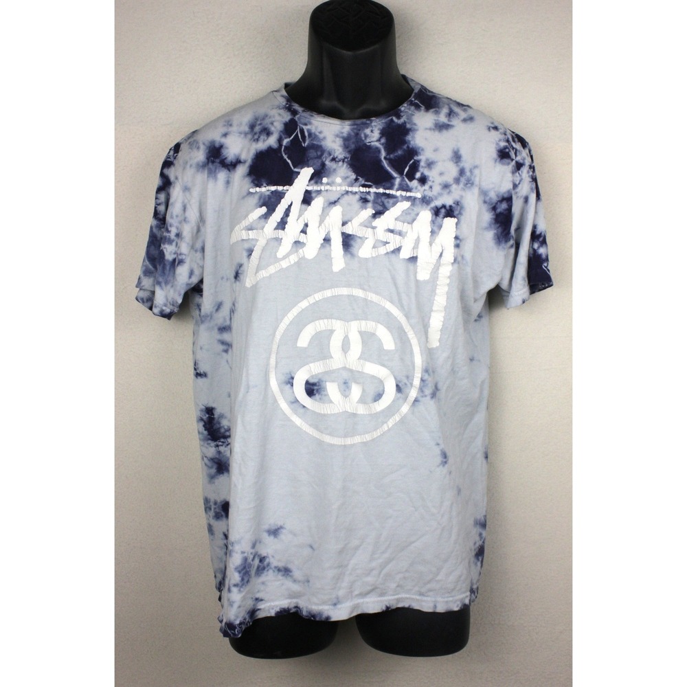 Stussy Y2K Tie Dye T Shirt Mens Medium Blue White Logo Streetwear Skate Tee